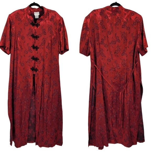 Vtg 90's Duster Cosplay Geisha Kimono Frog Knot High Slits Red Metallic  Sz 22 - Picture 1 of 14